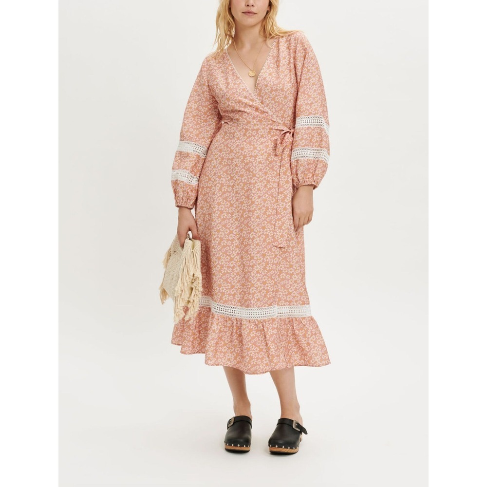 NWT Maje Restella Pink Daisy Wrap Midi Dress Linen Blend Lace Trim US XS/ FR 34